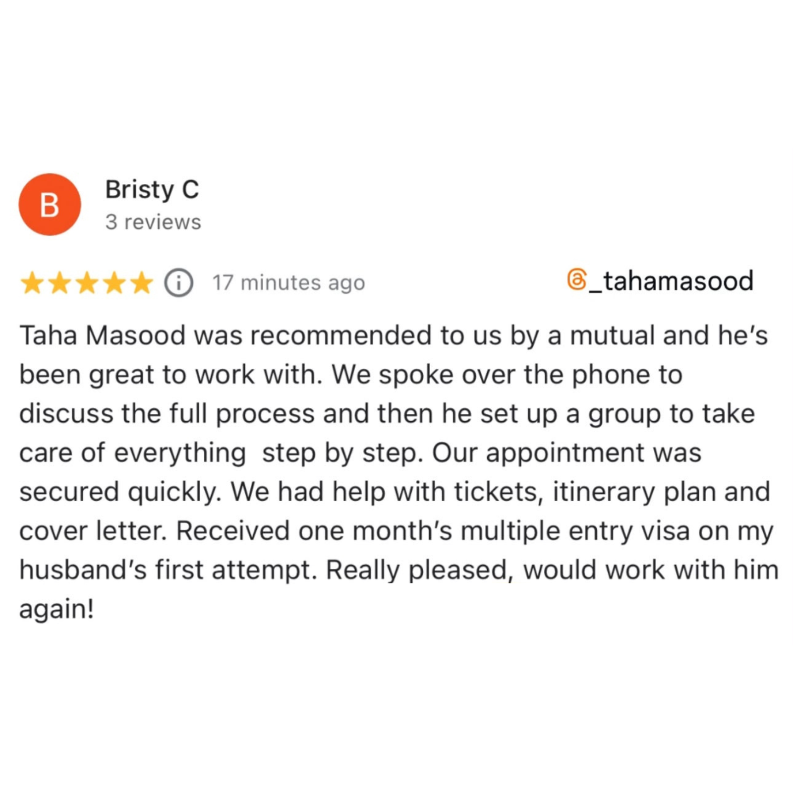Client review shared with Taha Masood